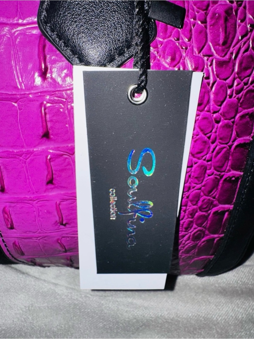 Fashion Croc Alligator Queen Bee Stripe Boston Bag Satchel- NWT-long strap too - Picture 3 of 8